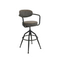 Bar stool with gray cushioned seat and backrest on a white background