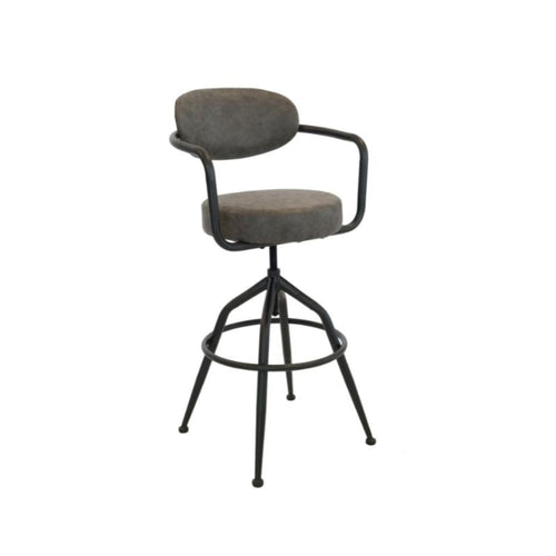 Bar stool with gray cushioned seat and backrest on a white background