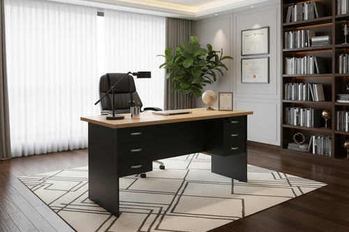 Black office desk with a light wood top on a white background