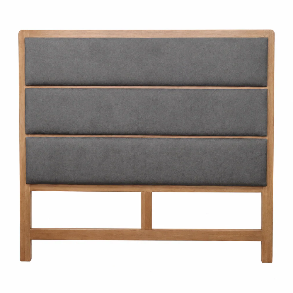 Gray upholstered headboard with wooden frame on a white background