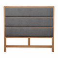 Gray upholstered headboard with wooden frame on a white background