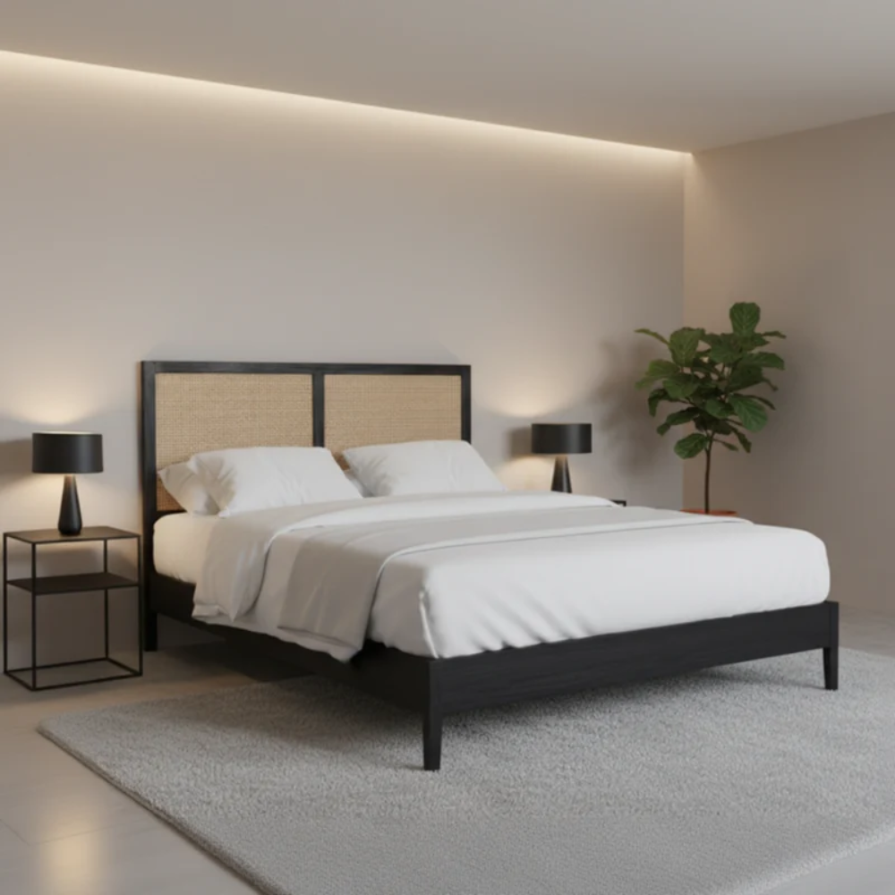 Modern bedroom with a black bed frame, white bedding, and side tables.