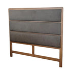 Gray upholstered headboard with wooden frame on a white background