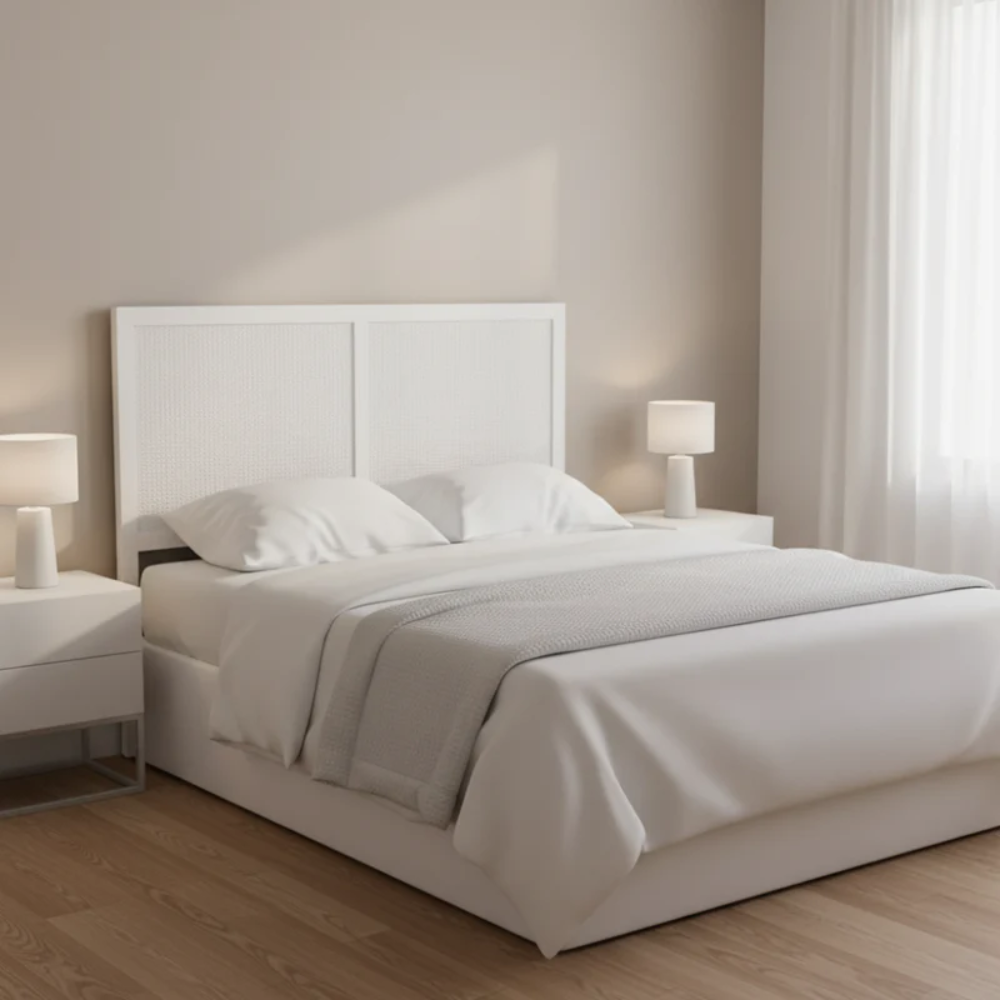 Modern bedroom with a white bed and matching nightstands.