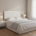 Modern bedroom with a white bed and matching nightstands.