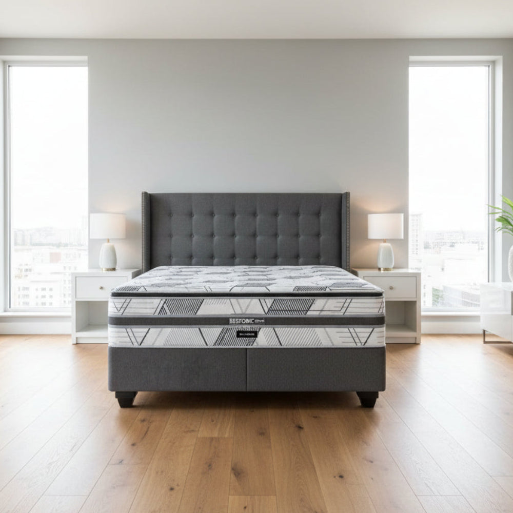 Gray and white mattress with geometric pattern on a white background