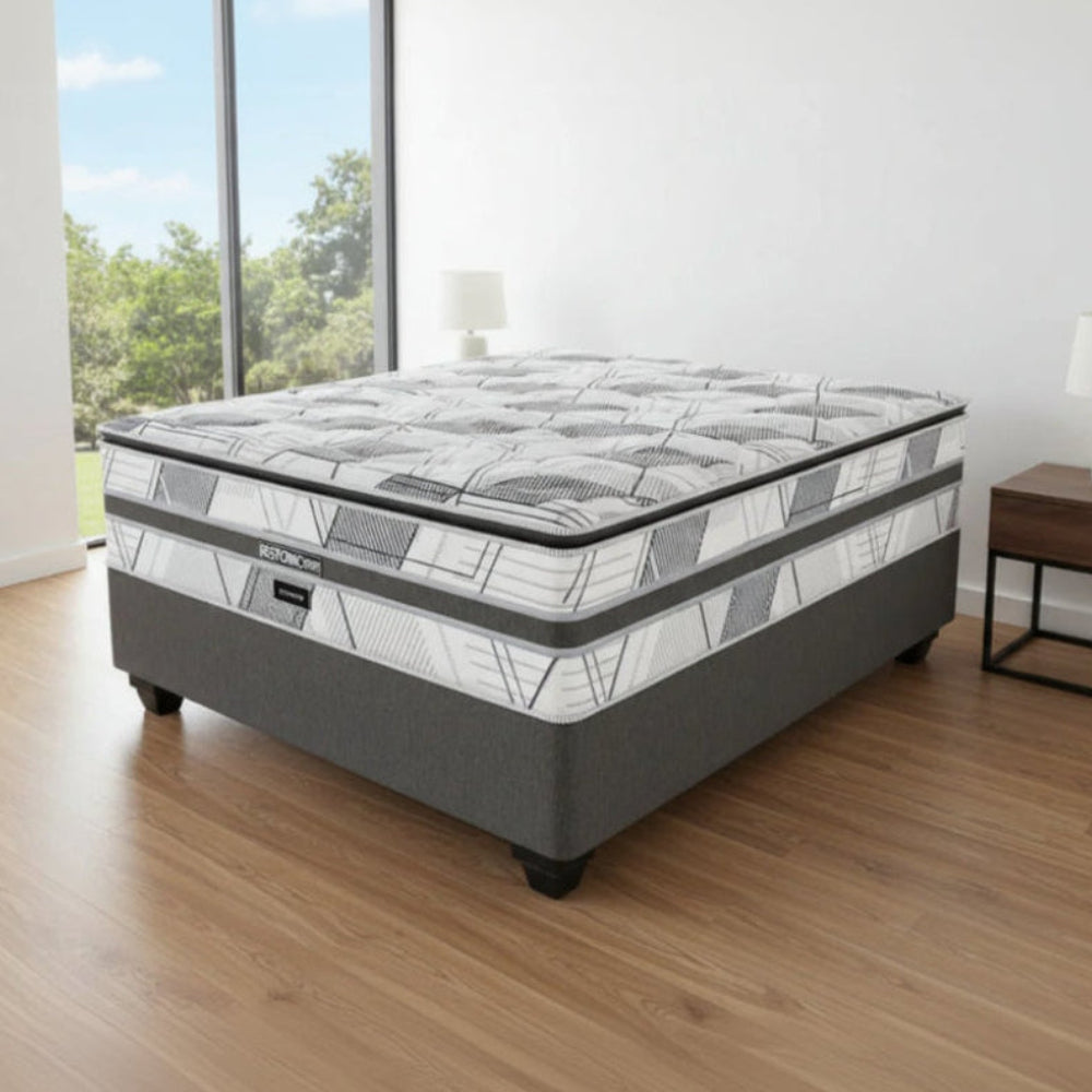 Gray and white mattress with geometric pattern on a white background