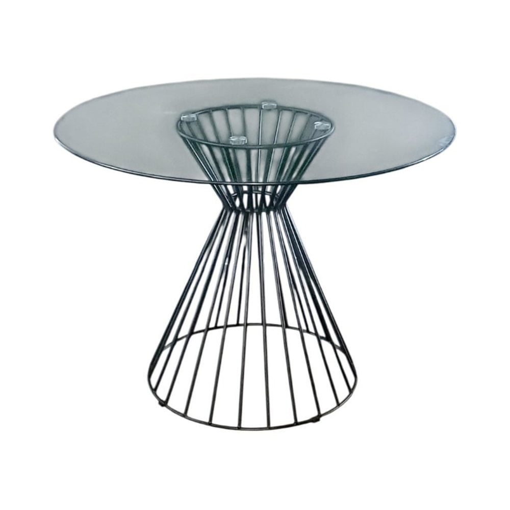 Round glass table with black wire base on a white background
