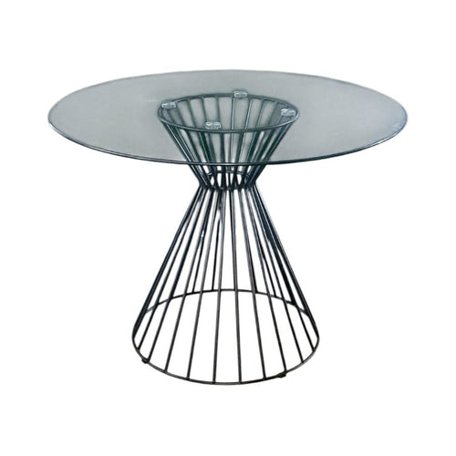 Round glass table with black wire base on a white background