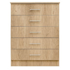 Wooden dresser with five drawers on a white background