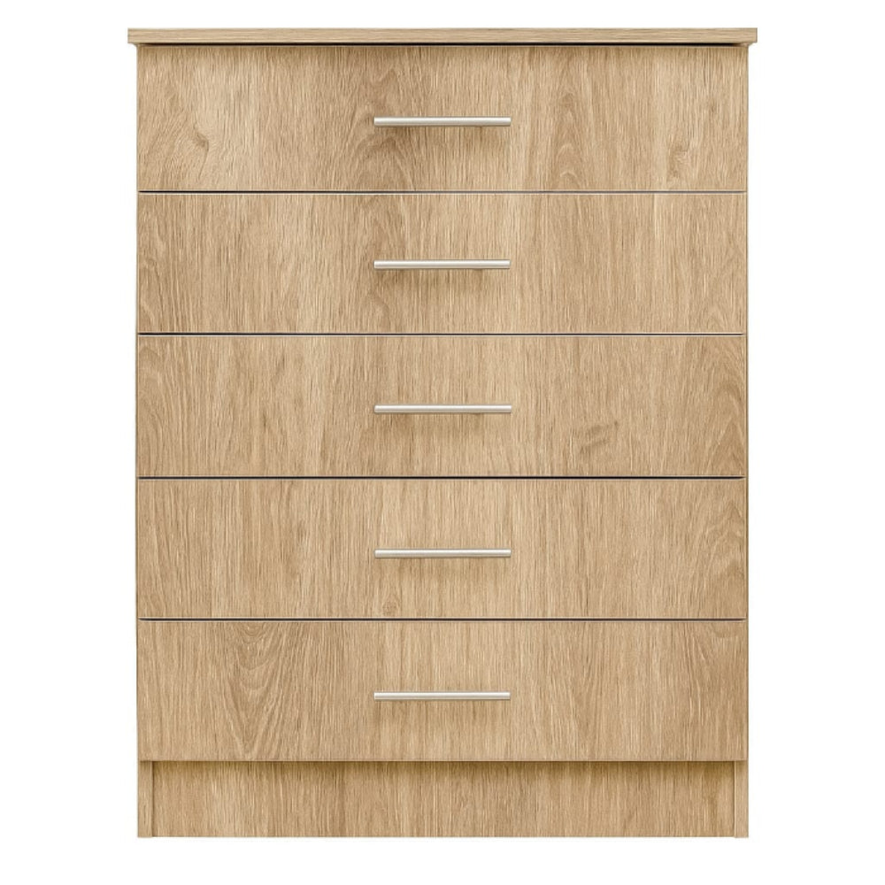 Wooden dresser with five drawers on a white background