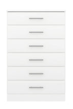 White dresser with five drawers on a white background