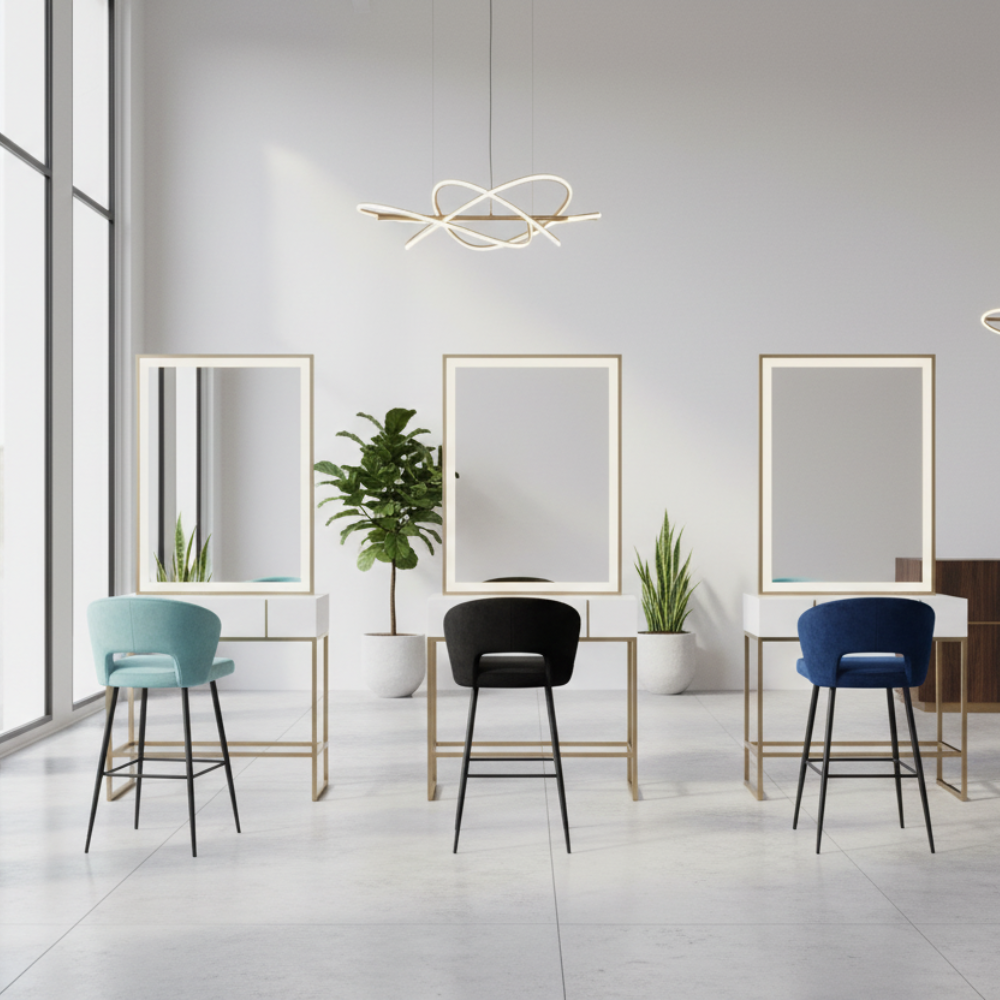 Three bar stools with different colored seats on a white background
