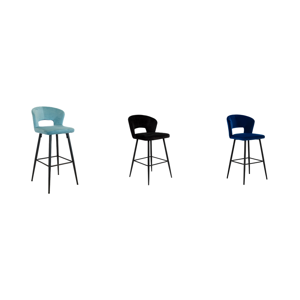 Three bar stools with different colored seats on a white background