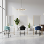 Three bar stools with different colored seats on a white background