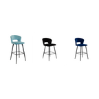 Three bar stools with different colored seats on a white background